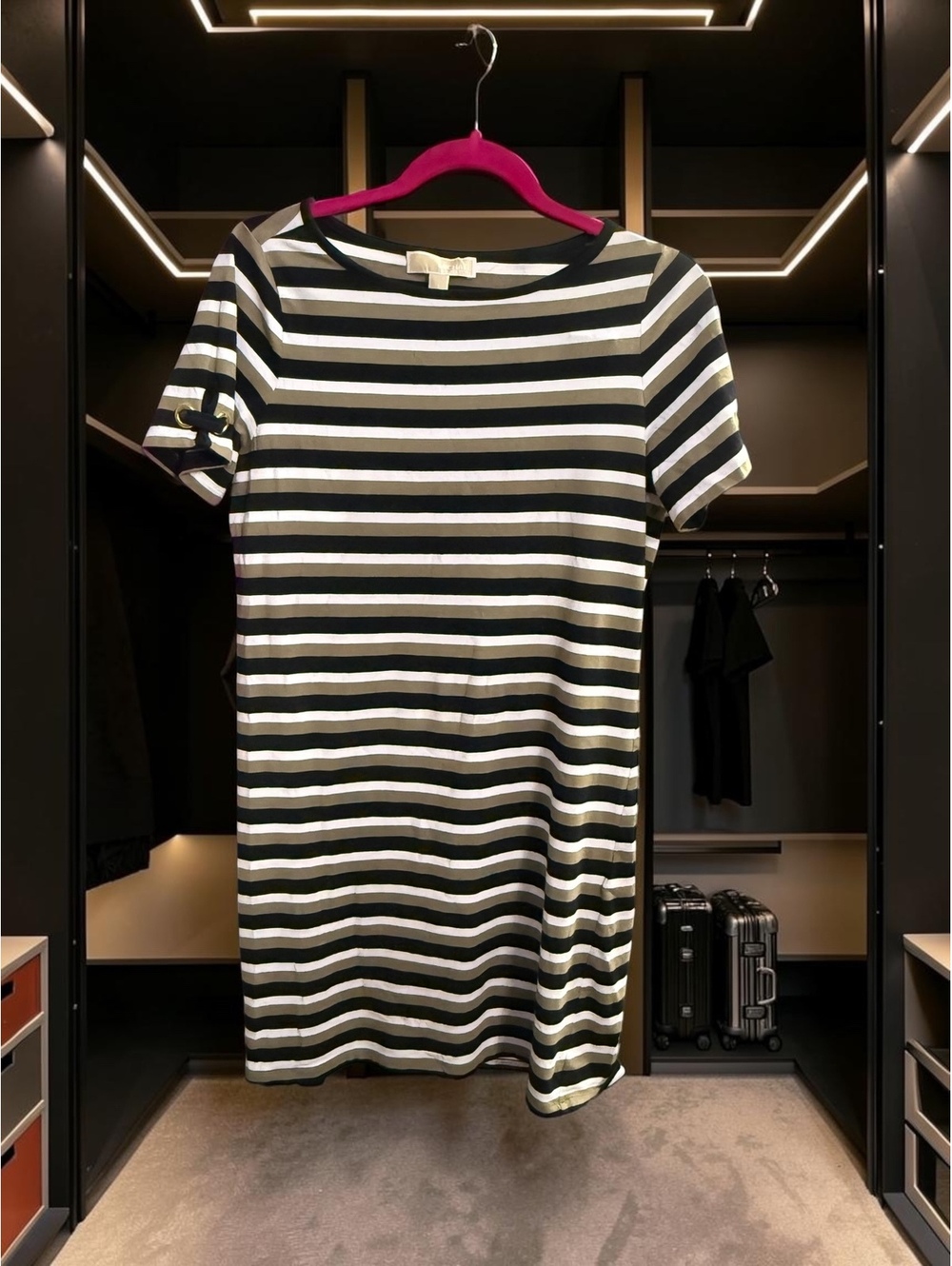 MICHAEL Michael Kors S Striped T-Shirt Dress Gold Grommet Tie Sleeve Black